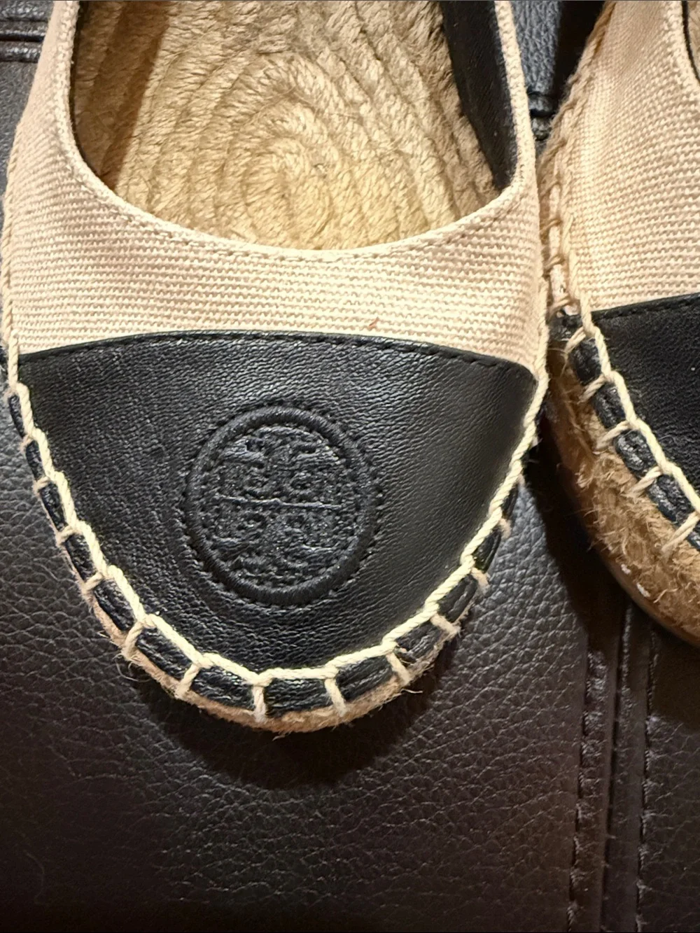Tory Burch Beige Canvas and Black Leather-Toe Espadrille Flats